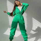Women Basic Hoodie Jumpsuit Zipper Drawstring Overall High Waist Elasticity Streetwear Tracksuit Rompers Casual One Piece Outfit
