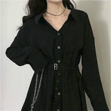Amfeov Dress Women Pure Turn-Down Collar Button Long Sleeve Collect Waist Elegant Fashion Black Clothing Fall 2022 Hepburn Vestido Chic