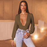 Amfeov Autumn Winter Rompers Women Jumpsuits Sexy Club V Neck High Waist Solid Bodycon Regular Long Sleeve Female Bodysuits Women