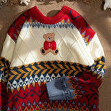 Winter Bear Sweater Casual Cartoon Patchwork Pullover Lazy Harajuku Sweater Knit Streetwear Oversized Pullover Unisex