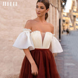 Amfeov Strapless Burnt Orange Tulle Prom Dress Fashion Pleat Lace-up Backless Evening Gowns Custom Made with Bow robes de soirée