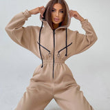 Women Basic Hoodie Jumpsuit Zipper Drawstring Overall High Waist Elasticity Streetwear Tracksuit Rompers Casual One Piece Outfit