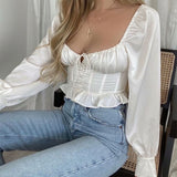 Christmas Gift PUWD Sexy Woman Slim Satin Ruffles Short Blouse 2021 Spring Fashion Ladies V Neck Party Tops Female Chic Lantern Sleeve Blouses