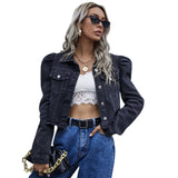 Amfeov  Spring And Autumn Women's Palace Style Fashion Lapel Puff Sleeve Casual Short Denim Jacket