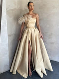 High Side Split Satin Prom Dresses Long Pleats Evening Gowns Pockets Feather Formal Women Dress Evening Party Wear