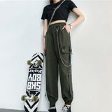 Women Cargo Pants 2021 Harem Pants Fashion Punk Pockets Jogger Trousers With Chain Harajuku Elastics High Waist Streetwear