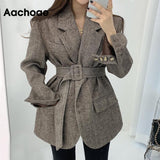 Christmas Gift Aachoae Women Autumn Winter Wool Coats With Belt Casual Turn Down Collar Long Sleeve Pocket Outerwear Female Elegant Office Coat