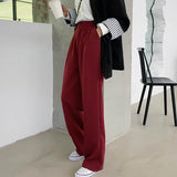 Amfeov Casual Pants Women Vintage Pure Burgundy Office Lady Long Trousers Summer Soft Elegant Pockets Minimalist Femme Chic Streetwear