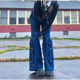 Amfeov Y2K Low Rise Straight Brown Cargo Jeans Wrap Belt Denim Pants Ruched Drawstring Women Denim Trousers Street Indie Aesthetic Jean
