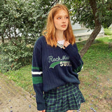 Embroidery Prepply Sweaters Striped Loose Jumpers Vintage Grunge Fairycore Cute Knitwear Korean Retro Aesthetic Women