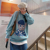 Christmas Gift Autumn Little Bear Cute Blue Sweater Women 2021 New O-neck Design All-match Pullovers Korean Loose Lazy Long Sleeve Knitted Tops