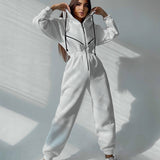 Women Basic Hoodie Jumpsuit Zipper Drawstring Overall High Waist Elasticity Streetwear Tracksuit Rompers Casual One Piece Outfit