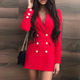 Amfeov Office Ladies Double Breasted Button Blazer Dress Workwear Women V-Neck Long Sleeve Autumn Red Casual Mini Dress Short Blazers