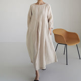 Amfeov New 2022 Women Spring Autunm Dresses Vintage High Waist Cotton And Linen Solid Color Korean Lady Loose Casual Long Dresses