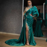 Amfeov Evening Party Dress Women Elegant Beading Side Split Satin Lantern Sleeve Green Wedding Prom Gown Long Maxi Dresses 2022