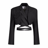 Double Layer Lace Up Coat Blazer Slim Women Gray Long Sleeve Pocket Short Jacket Suit Collar Female Outwear Clothes 2021