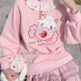 Amfeov-Autumn New Women Lace Neck Cute Hoodies Harajuku Kawaii Sweatshirt Women Pink Pullover Lamb And Candy Embroidery Sudadera