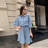 Amfeov hoco dresses Women Casual Summer Dress Turn-Down Collar Three Quarter Lantern Sleeve A-Line Sashes Mini Dress Casual Office Lady Street Wear