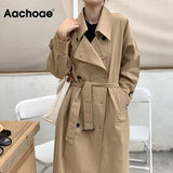 Christmas Gift Aachoae Women Solid Long Trench Coat Double Breasted Elegant Office Coat With Belt Batwing Sleeve Female Casual Jacket Outerwear