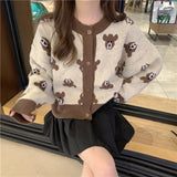 Amfeov Kawaii Knitted Cardigan Korean Fashion New Round Neck Long Sleeve Cute Bear Print Loose Women's Harajuku Japanese Sweater Y2k
