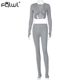 Amfeov Casual Summer 2 Two Piece Set Women Pink Outfit Long Sleeve Crop Top Leggings Women Joggers Matching Sets Ladies Tracksuit