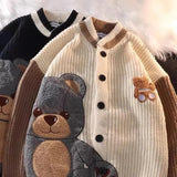 Thanksgiving Day Gifts Cute Bear Sweater Embroidery Streetwear Loose Oversized Cardigan Retro Color Matching Harajuku Knitwear Coat Couple Sweater Tops