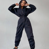 Women Basic Hoodie Jumpsuit Zipper Drawstring Overall High Waist Elasticity Streetwear Tracksuit Rompers Casual One Piece Outfit