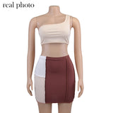 Simenual Ribbed Patchwork Two Piece Sets One Shoulder Tank Top And Skirts Women Skinny Vintage Streetwear Co-ord Outfits Club