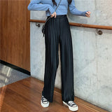QOERLIN Elastic Waist Pleated Wide Leg Trouser Women Summer New Fashion Streetwear Loose Casual Black Long Pants Female Fits 5XL