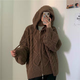 Christmas Gift Women's Knitted Cardigans Jackets Korean Loose Casual Hooded Twist Sweater Zipper Long Sleeve Outerwear Ladies