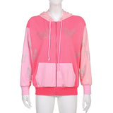 Amfeov Black New Autumn Hoodies Women Butterfly Diamond Zip Up Korean Sweatshirt Winter Jacket Long Sleeve Hood Pullovers Pink