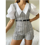 Christmas Gift PUWD Casual Woman Plaid Tweed Belt Playsuits 2021 Summer Fashion Ladies Puff Sleeve Rompers Female Elegant Zipper Playsuits