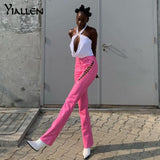 Yiallen Hollow Out Bandage Hipster Straight Trousers Women 2021 Faux PU Leather Solid Fashion Street Style Pants Female Hot