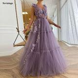 Elegant Lavender Tiered Tulle Long Prom Dresses 2021 A Line Fitted Boning 3D Flowers Floor Length Evening Gowns