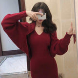 Christmas Gifts 2022 Women Autumn Winter Vintage Slim 2 Pcs Set Lady Sexy Knitted Sweater + Slip Dress Suit Female Solid Casual Elegant Sets