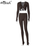 Amfeov Casual Summer 2 Two Piece Set Women Pink Outfit Long Sleeve Crop Top Leggings Women Joggers Matching Sets Ladies Tracksuit