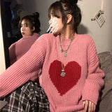 Korean Winter New Sweet Heart-shaped Pattern Sweater Vintage Harajuku Style Full Sleeve Pullovers Loose Knitting Casual Sweater