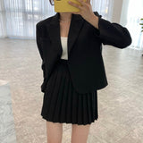 Amfeov Women Two Piece Set Outfits Long Sleeve Coat and High Waist Pleated Mini Skirt Elegant Korean Style Casual 2 Piece Sets