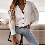 Amfeov-Women Casual Shirt Office Ladies V-Neck Lantern Sleeve Tops Autumn Solid Color Sweet Blouses Female 2021 Fashion Clothing