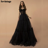 Back To School Amfeov Black Tiered Skirt Long Prom Dresses Dotted Tulle Simple Wedding Party Gowns Floor Length Women Formal Evening Dress