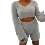 Amfeov 2PCS/Sets Sexy Fluffy Suits Velvet Plush Hooded Sleepwear Shorts+Crop Top Women Tracksuit Casual Sports Set Overalls Sweatshirts