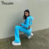 Yiallen Autumn Velvet Tracksuit Women Two Piece Suits Hooded Pocket Hoodie Sweatshirt+Straight Pants Female Matching Outfits Hot