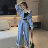 Amfeov Fashion Retro Denim Overalls Women's 2022 New Spring Casual Loose Wide-Leg Pants Jeans Trousers With Pockets