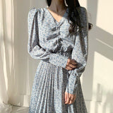 Thanksgiving Day Gifts Korean Chic Floral Puff Sleeve Long Dress High Waist Vintage Elbise Ladies V-Neck Drawstring Party Chiffon Ropa Mujer Elegant