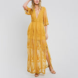 Amfeov Jastie Bohemian Lace Maxi Jumpsuit Women Romper Chic Floral Embroidered Jumpsuit Women Summer Playsuits V-Neck  Jumpsuits