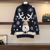 Christmas Gift Women's Large Sizes Snowflake Reindeer Christmas Knitted Sweater Loose Warm Turtleneck Thicken Tops Pullovers