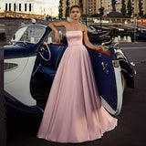 Amfeov Simple Pink Strapless Satin Prom Party Dress Long A Line Lace-up Backless with Bow Wedding Guest Ball Gown robe de soirée