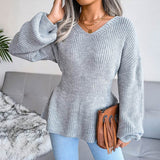 Women Knitted Sweater Lantern Sleeve Ruffled Hem V-Neck Solid Warm Pullover Ladies Elegant Korean Causal Sweaters 2021 Top New