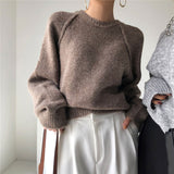 Women's Harajuku Knitted Sweater Ladies Chic Soft and Comfortable O-neck Loose Warm Long-Sleeved Korean Solid Knitted Pullover