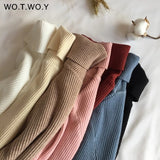 WOTWOY Ribbed Knitted Turtleneck Sweater Women Autumn Winter Slim Fit  Basic Pullover Female Long Sleeve Black White Jumper